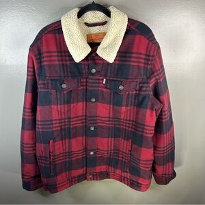 Levi’s Sherpa Lined Flannel Trucker Bomber Jacket Red Black Size Mens XXL